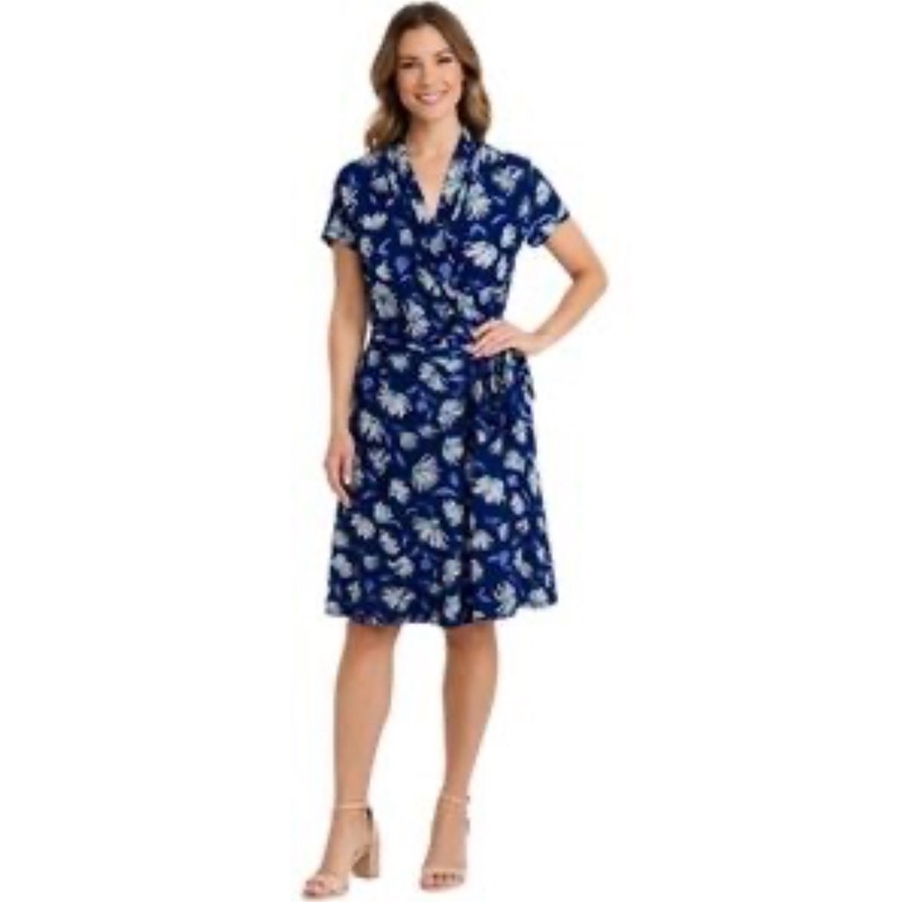 Liz Claiborne Women  Blue Floral‎ Short sleeve Faux Wrap A-Line Dress Midi Large